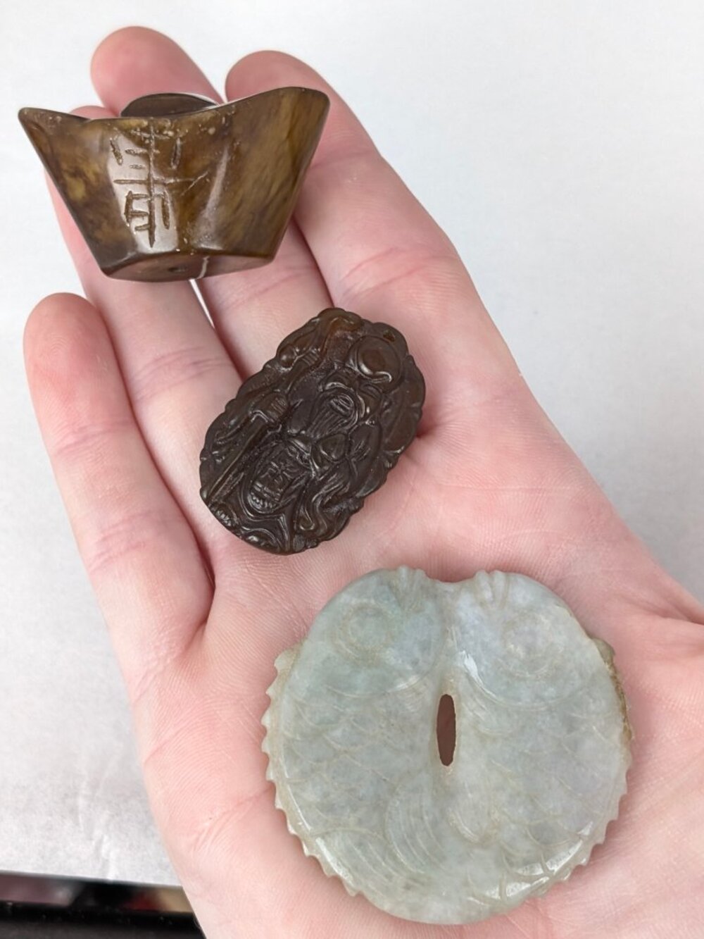 Vintage Carved Nephrite Jade Pendant Lot – Yuanbao Ingot, Shouxing & Double Carp
